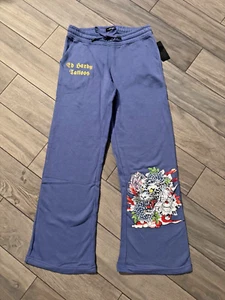 ED HARDY WOMENS TIGER LOTUS FLOWER FLARE SWEATPANTS, COTTON/POLY, COBALT, NWT - Picture 1 of 5