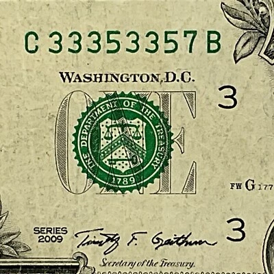 Billete de un dólar C33353357B trinario 5 of a Kind 3s número de serie elegante 2009 Foto 1 de 4