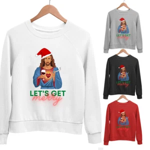 Christmas Sweatshirt Lets Get Merry Jesus Printed Funny Novelty Sweater Jumper - Picture 1 of 31