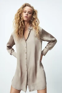 NEW WITH TAGS ZARA LONG SATIN SHIRT Size EUR XS IN TAUPE - GREY OVERSIZED - Picture 1 of 7