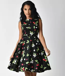 Pinup Retro Vintage 1950s Cocktail Rockabilly Floral Cherry Dress w/Belt S NEW - Picture 1 of 16