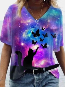 Blusa De Mujer Camiseta Estrellado Gato Mariposa Suelta Manga Corta Cuello V Top - Picture 1 of 1