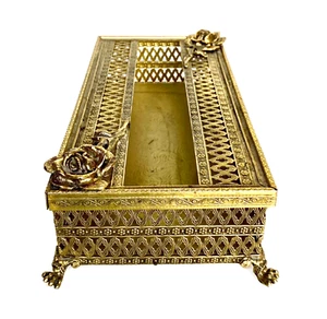Mid-Century Hollywood Regency Footed Gold Metal Tissue Holder/Box Rose Motif - Picture 1 of 12