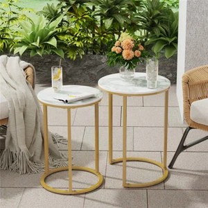 2PC Real Stone Nested Tables Coffee End Tables Indoor Outdoor Flower Lamp Tables - Picture 1 of 12