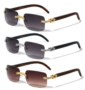 SLIM RIMLESS RHINESTONE FAUX WOOD SQUARE SUNGLASSES BUFFS RETRO DESIGNER FASHION - Picture 1 of 5