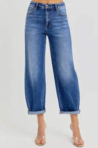 RISEN High Rise Cropped Mild Barrel Leg Jeans in Dark Wash Blue Plus Available - Picture 1 of 7