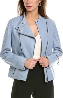 $3700 Salvatore Ferragamo Mujer Cuero Motociclista Chaqueta Azul Cielo Talla IT 46/US 10 Foto 1 de 4