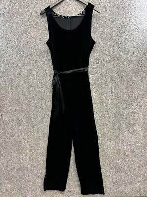 Macacão de veludo preto vintage sem mangas cinto de cetim gola redonda feminino tamanho 14* - Imagem 1 de 4