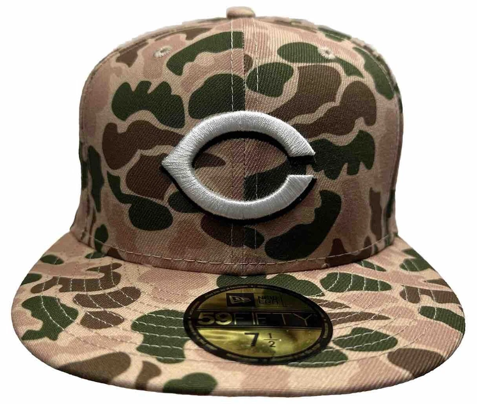 New Era 59Fifty MLB Cincinnati Reds Duck Camo Orange UV Fitted Hat Size 7 1/2 - Image 1 of 4
