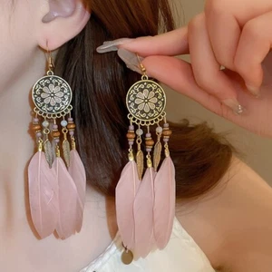 Earrings Dangle Feather Petal Boho Drop Pink Seed Beads Tassel Long Elegant Gift - Picture 1 of 3