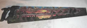 ANTIQUE USA COUNTRY CARPENTER WOOD TOOL SAW ART OIL PAINTING SUN LAKE MOUNTAIN - Picture 1 of 5