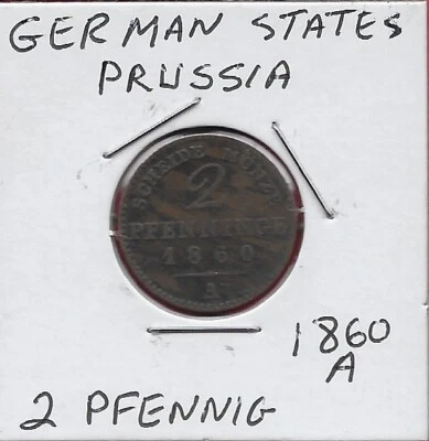 GERMAN STATES PRUSSIA 2 PFENNIG 1860-A RULER:FRIEDRICH WILHELM IV,CROWNED SHIELD - Image 1 of 2