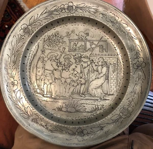 Rare 18th century German Wunsiedel Pewter Dish Peasant Celebration Scene - Picture 1 of 17