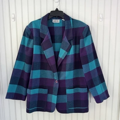 Vtg 90’s Attitude Wool Plaid Blazer 14 Purple Turquoise Checked Retro Bold Y2k - Image 1 of 4