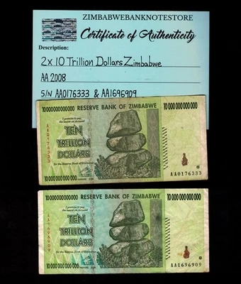 2 x 10 万亿津巴布韦元钞票 AA 2008 正品 AA0176333,AA1696909 — 第 1/3 张图片