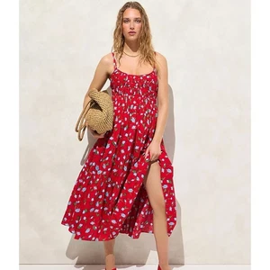 NUEVO CON ETIQUETAS J. Vestido Crew XS Niveles Cepillado Estampado Margarita Rojo Multi - Imagen 1 de 7