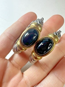 Vintage Ohrringe schwer Zopf Twist Creolen schwarz Cabochon schwer durchbohrt Metallmix - Bild 1 von 4