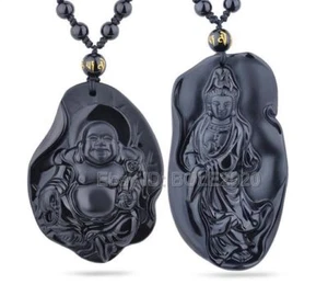 Natural Obsidian Carved Chinese Leaf GuanYin Buddha Amulet Pendant + Necklace - Picture 1 of 10