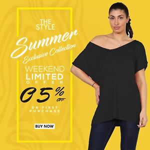 Women Oversized Loose Fit Turn Up Batwing Sleeve Baggy T Shirt Ladies V Neck Top