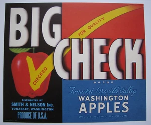 Original scarce BIG CHECK apple crate label Tonasket WA Smith & Nelson blue/red - Picture 1 of 2