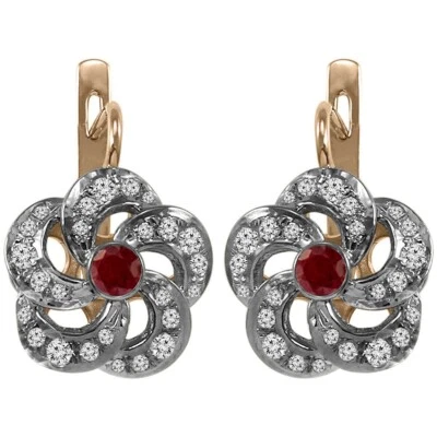 14k Solid Pink & White Gold Genuine Ruby and Diamond Flower Earrings #E1563... - Image 1 of 4