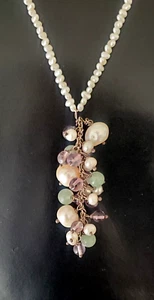 Sterling Silver Freshwater Seed Pearl Jade Amethyst Cluster Pendant Necklace - Picture 1 of 11