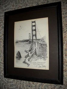 Vintage Don Davey San Francisco Golden Gate Bridge Pencil Art Print 1977 Framed - Picture 1 of 5