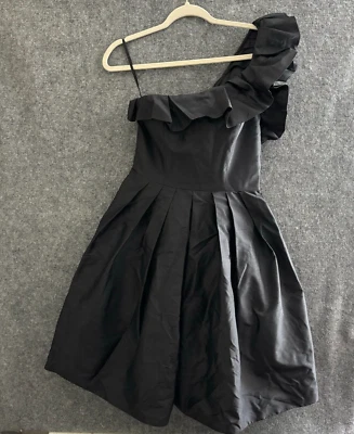 Romona Keveza Dress Women's 6 Black Silk Fit & Flare Pleated One Shoulder Ruffle - Image 1 of 4