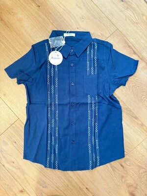 Boys Cotton Linen Mexican Guayabera Button Down Blue Casual Dress Short Sleeve - Image 1 of 4