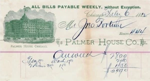 PALMER HOUSE CHICAGO ILL 1882 VIÑETA CABEZA DE BILLETE RECIBO SEMANAL HABITACIÓN JOHN FORTUNE - Imagen 1 de 1