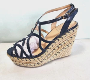 NEW PAPELL Women's Size 5.5 BLUE LEATHER Wedge T Strap Sandal Pump Heel Shoes - Picture 1 of 8
