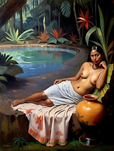 Tahiti Frau Garten Teich Vase 8,5x11" Fotodruck Stil Gauguin/Harker Kunst - Bild 1 von 1