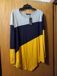 DJT Women's Long Sleeve Tunic Shirts Scoop Neck Hanky Hem Color Block Stretch 2X - Picture 1 of 5