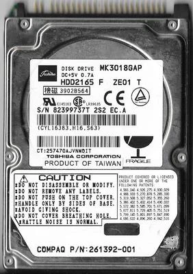 TOSHIBA MK3018GAP HDD2165 F ZE01 T 30GB ATA/IDE HARD DRIVE  - Image 1 of 2