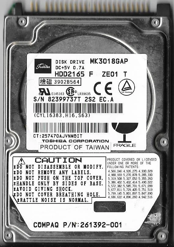 TOSHIBA MK3018GAP HDD2165 F ZE01 T 30GB ATA/IDE HARD DRIVE  - Image 1 of 2