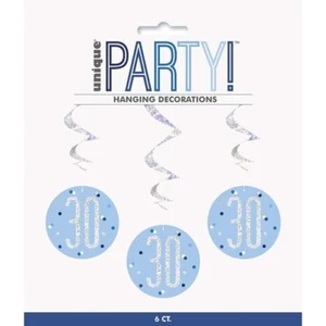 6pc 30th Birthday Blue Hanging Swirls Decoration Ceiling String Foil Party - Picture 1 of 1