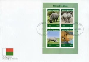Madagascar 2019 FDC White Rhinos Rhinoceros 4v IMPF M/S Wild Animals Stamps - Picture 1 of 1