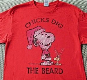 Snoopy Christmas T Shirt Peanuts Medium Red Chicks Dig the Beard Santa - Picture 1 of 1