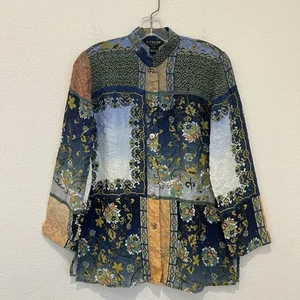 Citron Santa Monica 100% Silk Long Sleeve Blouse Blue Green Orange Floral Sz S - Picture 1 of 14
