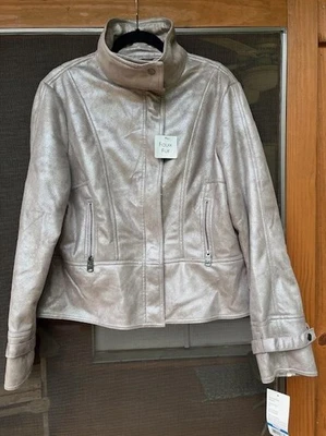 Jaqueta casaco forrada de pele sintética Via Spiga metálica moto cinza GG nova com etiquetas  - Imagem 1 de 4