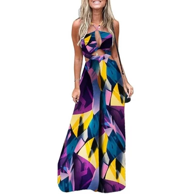 Macacão feminino estampado floral elegante perna larga calça sem mangas Halter - Imagem 1 de 4