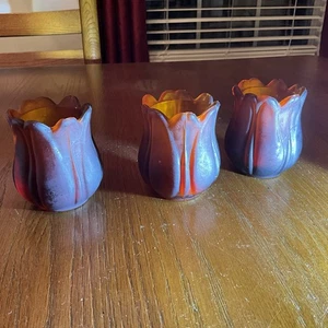 Faroy Amber Satin Glass Tulip Votive Candle Holders Set of 3 Vintage - Picture 1 of 13