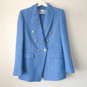 Zara blau Tweed strukturiert Web Blazer Jacke Größe S Small 8 10 - Bild 1 von 7