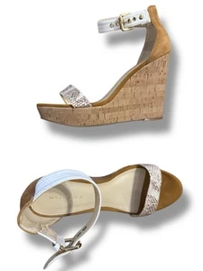 Marc Fisher Heels Size 10 Platform Cork Wedges Snakeskin Ankle Strap Suede - Picture 1 of 10