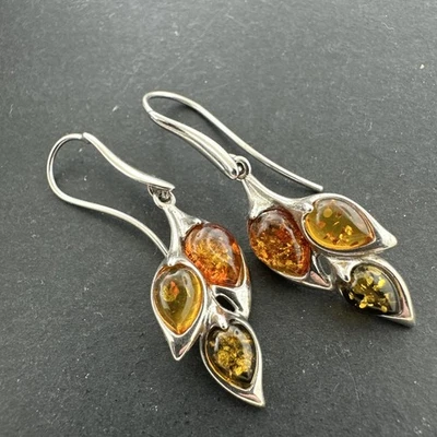 Sterling Silver Amber Leaf Dangle Earrings 4 Grams Signed - Image 1 of 4