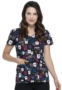 Smile It's Toothsday Dickies Scrubs EDS V Neck Top DK700 SITD - Picture 1 of 5