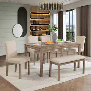 6-Piece Dining Table Set, Wooden Dining Table Set for 6 Kitchen Dining Table Set - Picture 1 of 16