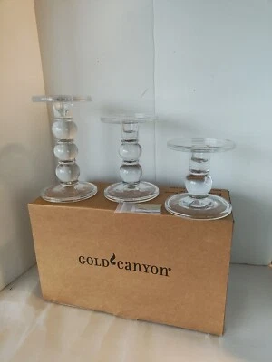 Gold Canyon Candle Co. Juego de 3 soportes de pilar de cristal transparente raros - NUEVO Foto 1 de 4