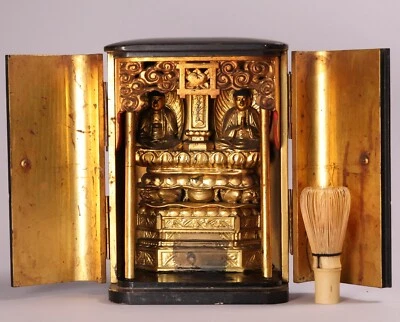 Estatua de madera japonesa Sanpozon dorado budista Zushi 9,7 pulgadas santuario estuche era Meiji Foto 1 de 4