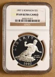 1997 S Jackie Robinson Commemorative Silver Dollar NGC PF 69 Ultra Cameo - Picture 1 of 2
